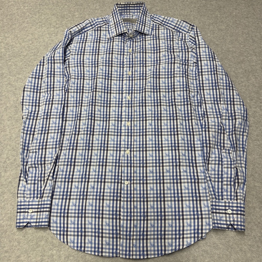 Etro Dress Shirt Mens M Blue Gingham Paisley Regular Fit Cotton Italy LS